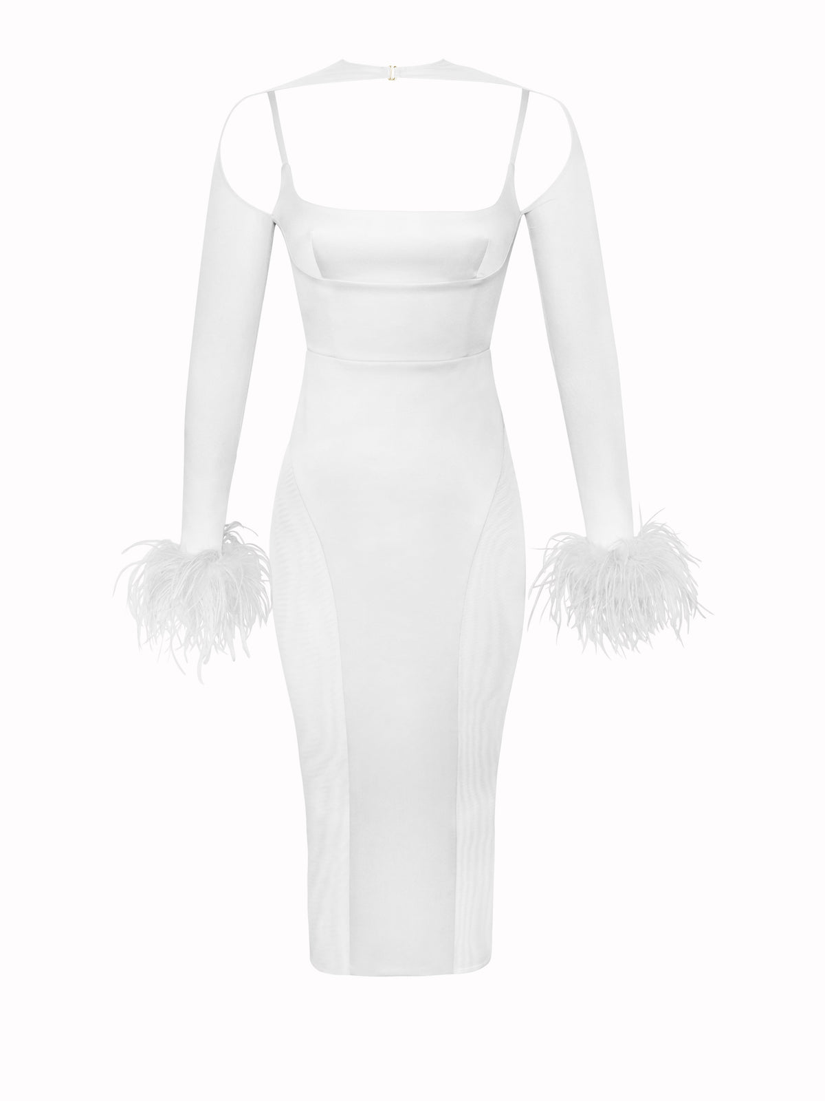 Oaklie White Satin Mesh Sleeve Dress With Feathers (Archive Sale)