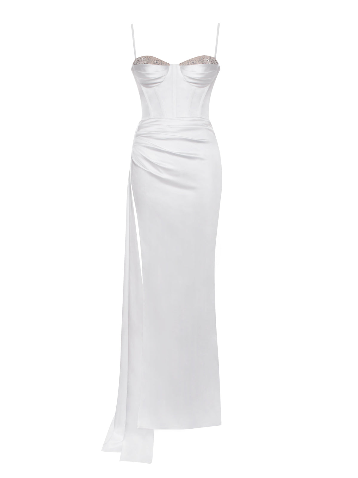 Vanity White Satin High Slit Draping Corset Gown With Crystals (Archive Sale)