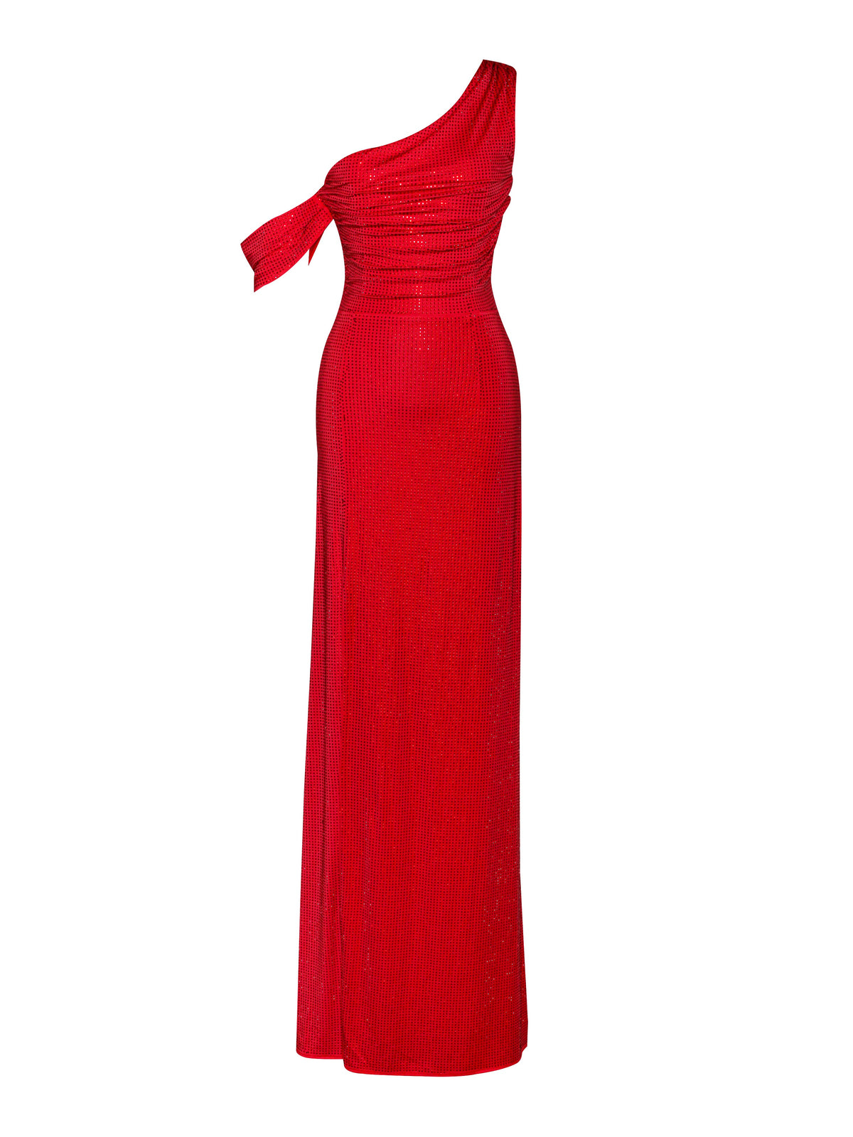 Paget Red Mesh Rhinestone Embellished High Slit Gown (Archive Sale)
