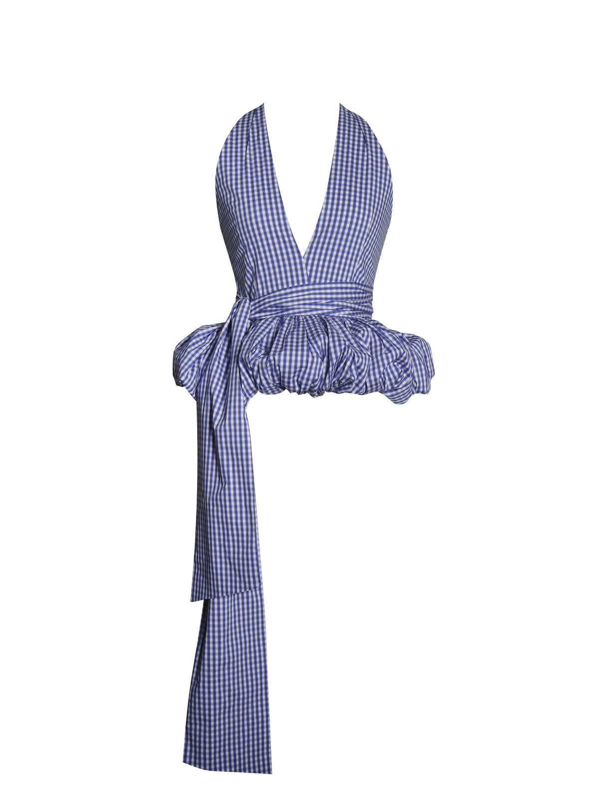 Ilene Blue Gingham Cotton Bubble Hem Halter Top
