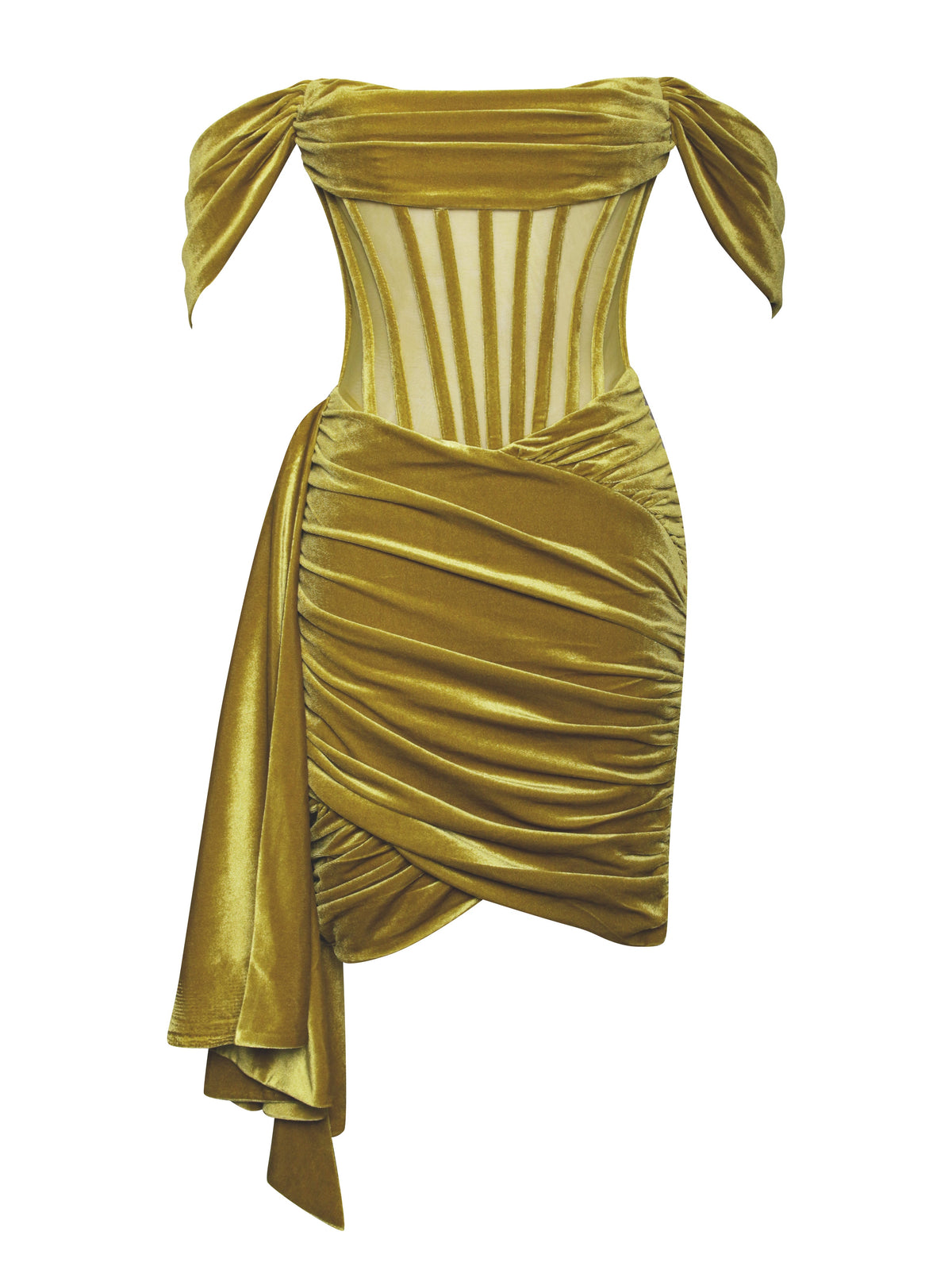 Irisa Gold Draping Off Shoulder Corset Dress (Archive Sale)
