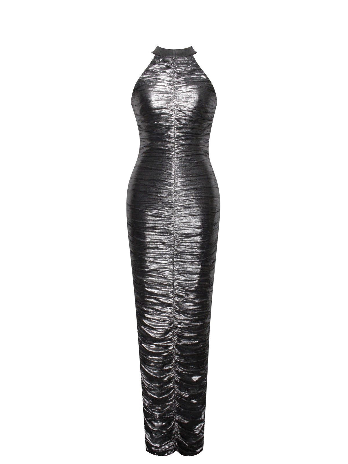 Abril Ruched Silver Glitter Backless Gown