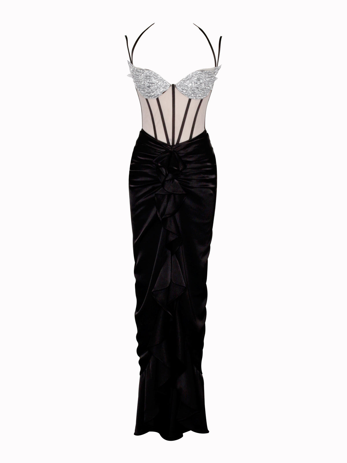 Rafaela Black Satin Corset Sequin Wing Cup Dress (Archive Sale)