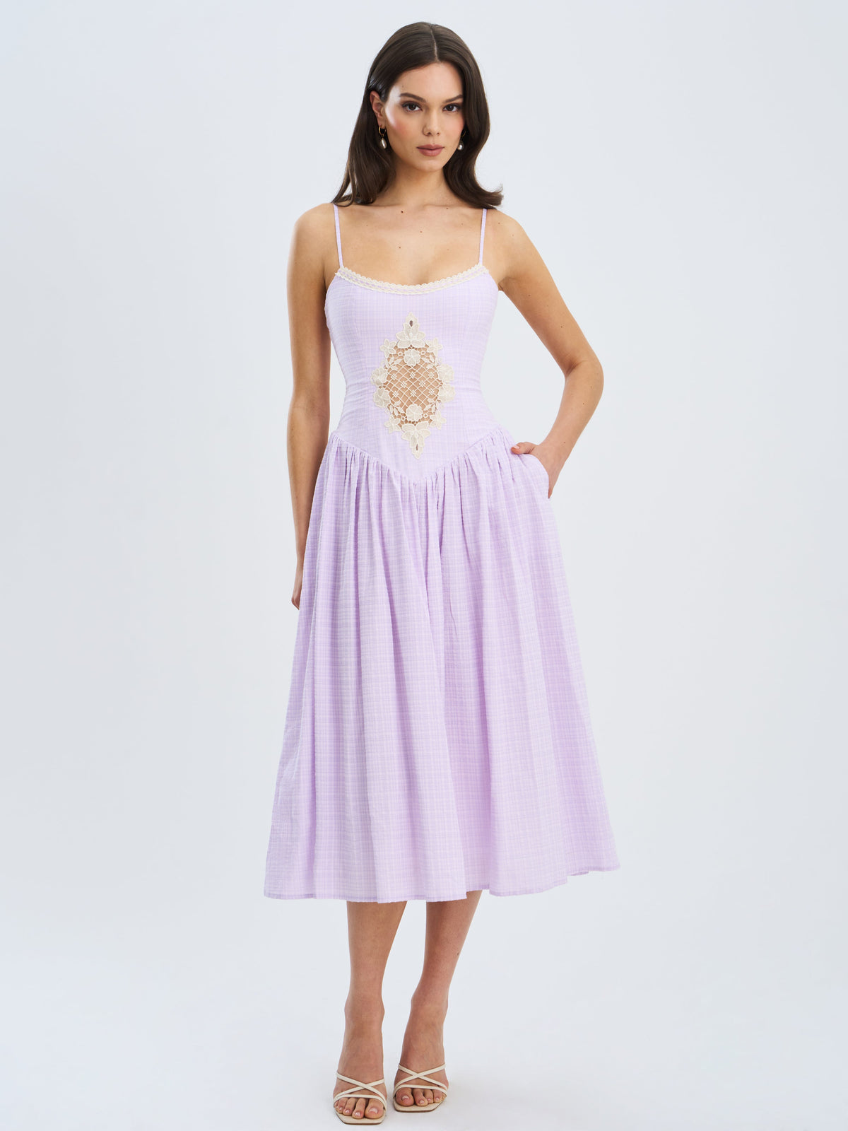 Jaclyn Lavender Lace Trim Cutout Seersucker Midi Dress (Archive Sale)