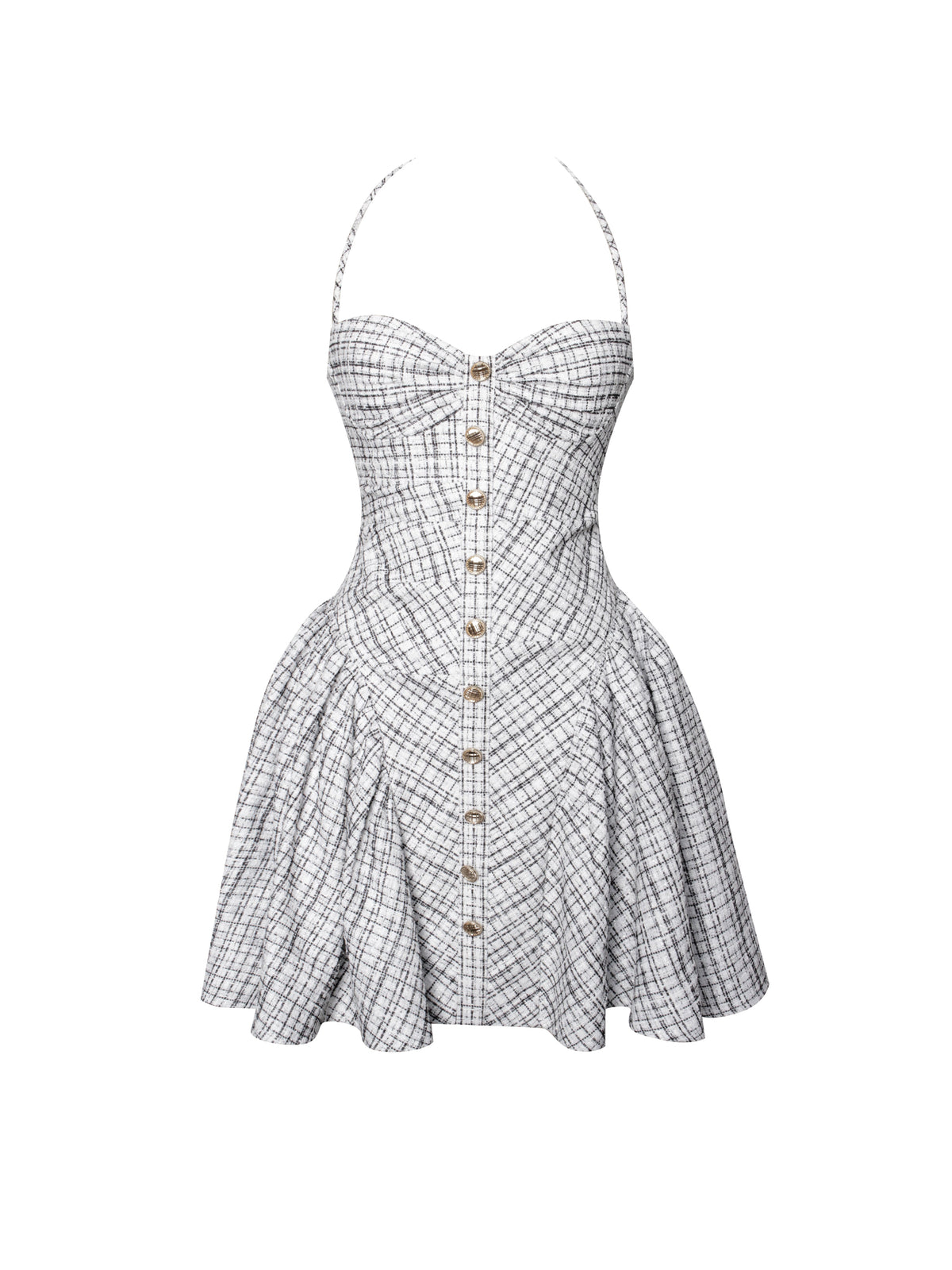 Melody Black and White Plaid Tweed Halter Drop Waist Mini Dress
