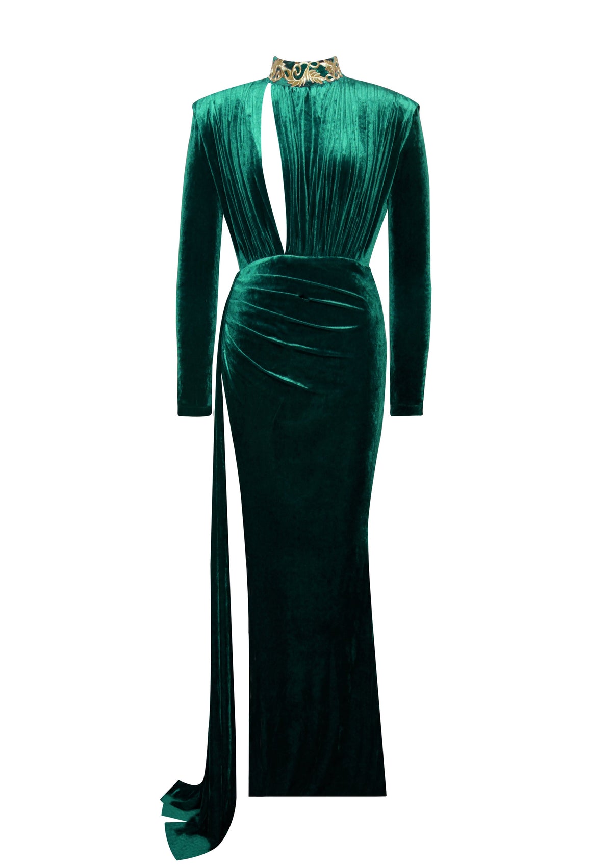 Zenaida Emerald Green Cutout High Slit Velvet Gown (Archive Sale)