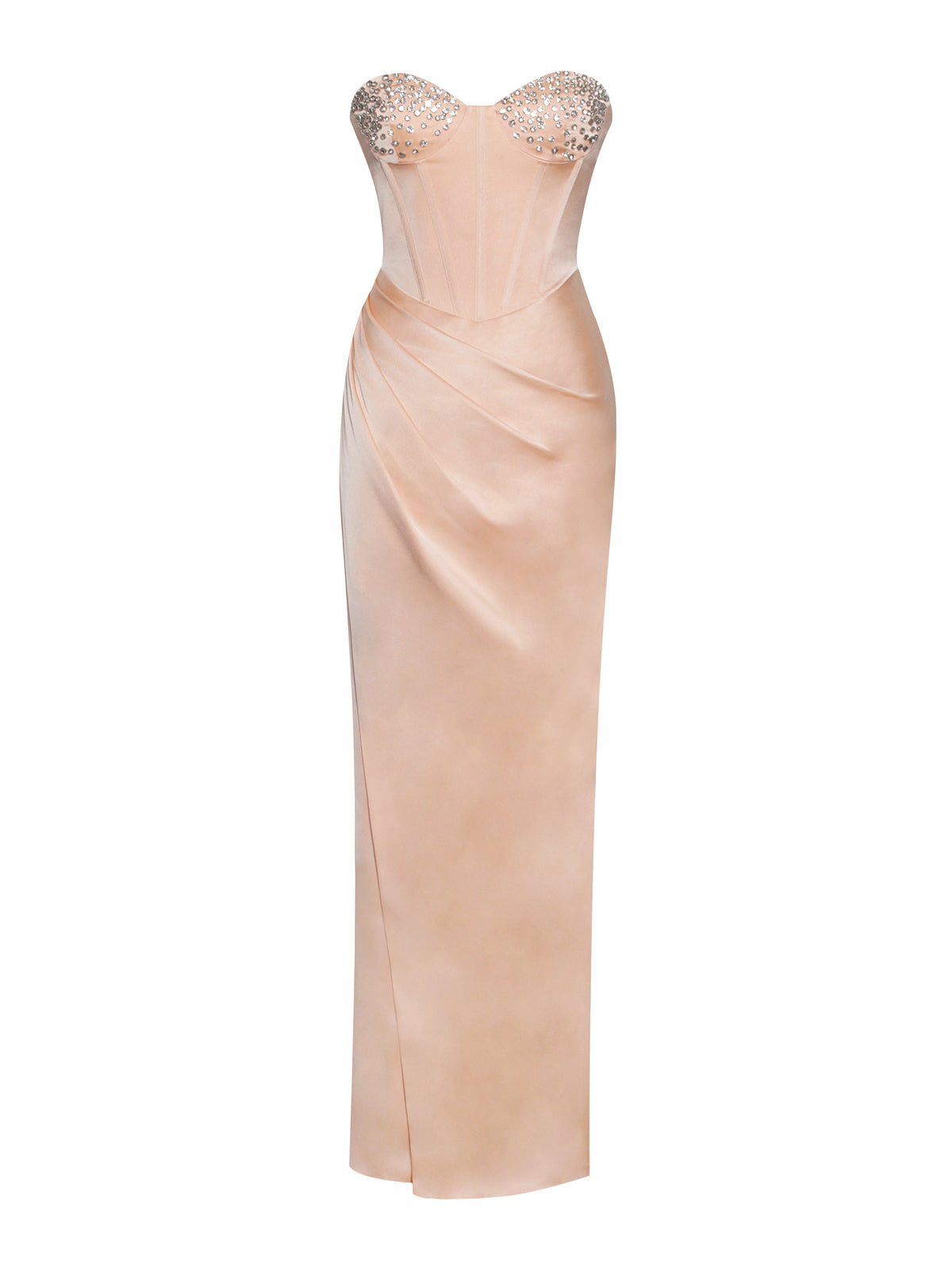 Amelia Blush Satin Corset Slit Gown With Crystal Embellished (Archive Sale)
