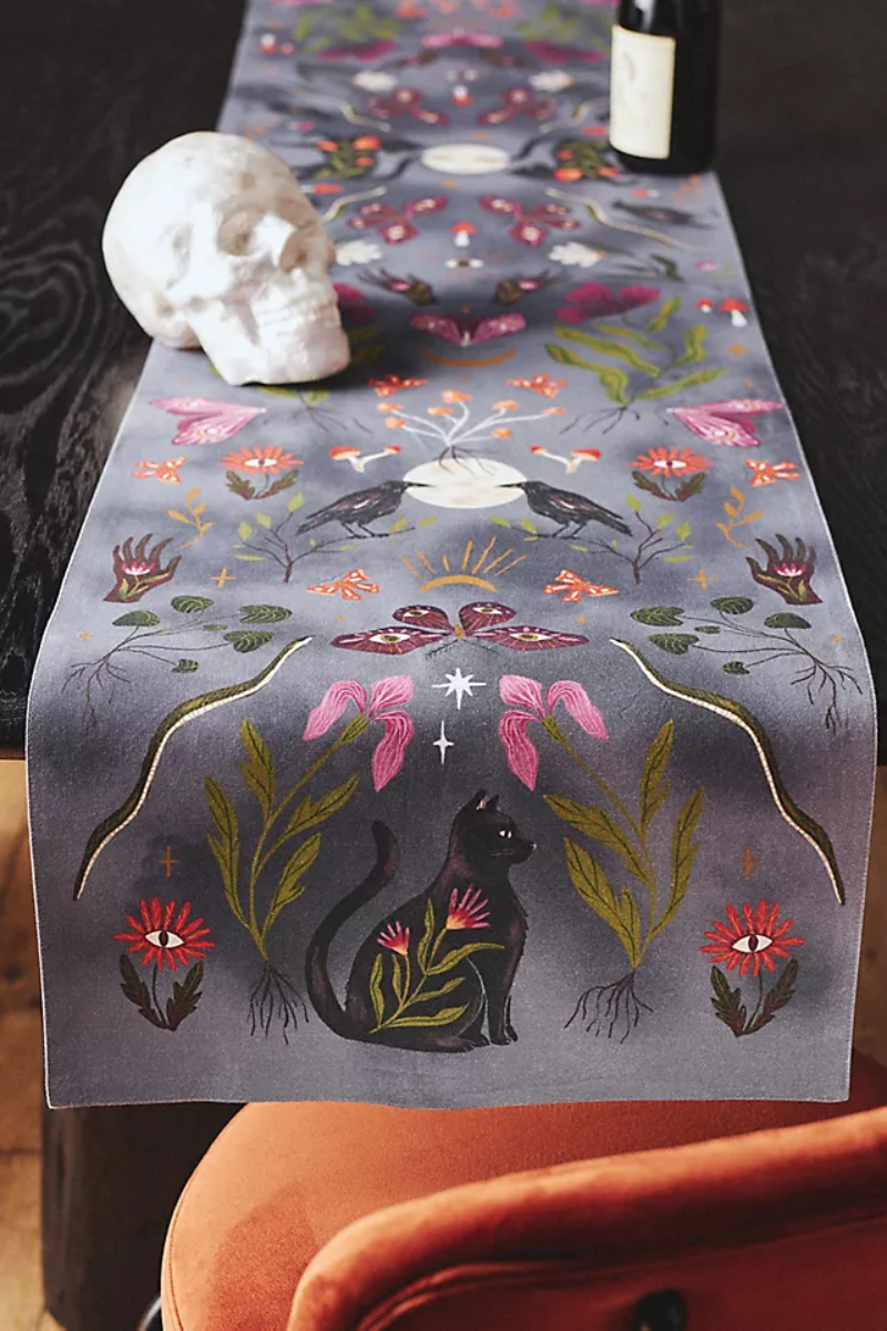 ANTHROPOLOGIE MYSTIC TABLE RUNNER 16X90 NIP BLACK CATS/MUSHROOMS/CROWS BOHO