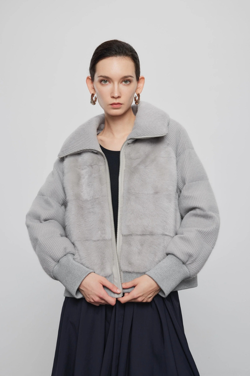 Max Simple Mink Paneled Down Jacket Light Grey