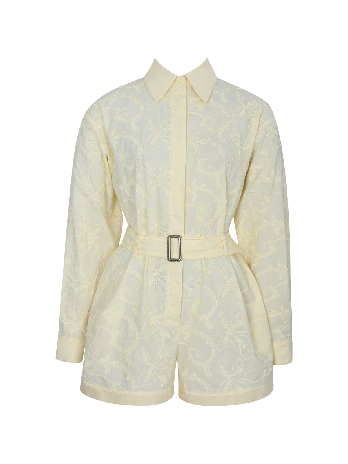 Malou Lemon Yellow Embroidered Poplin Belted Shirt Romper