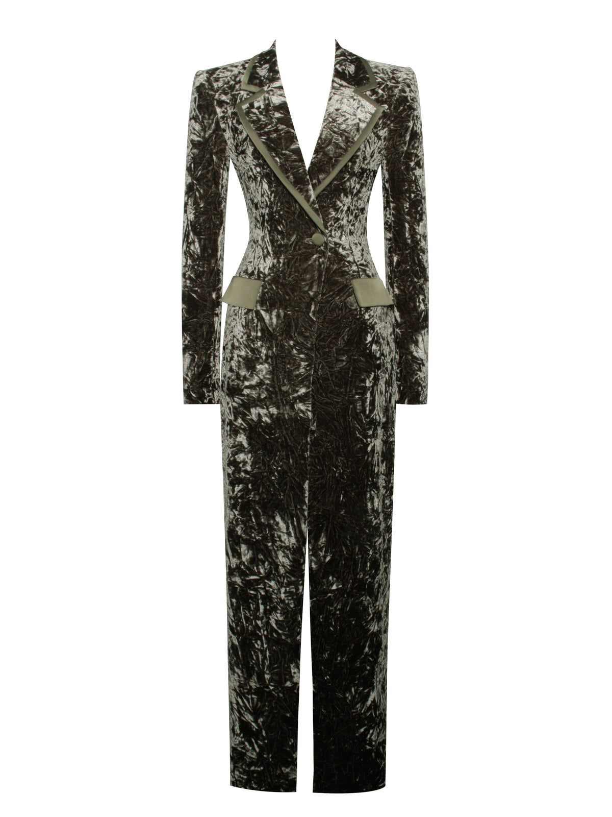 Willow Green Glossy Velvet High Slit Blazer Gown (Archive Sale)