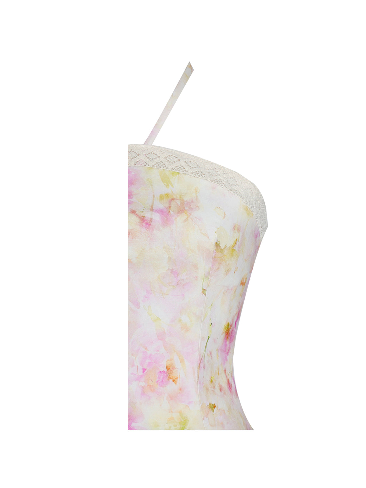 Zaina Yellow Pink Floral Print Lace Trim Linen Midi Dress