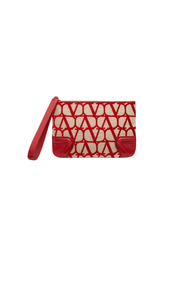 Valentino Garavani Toile Iconographe Canvas and Leather Pouch In Red