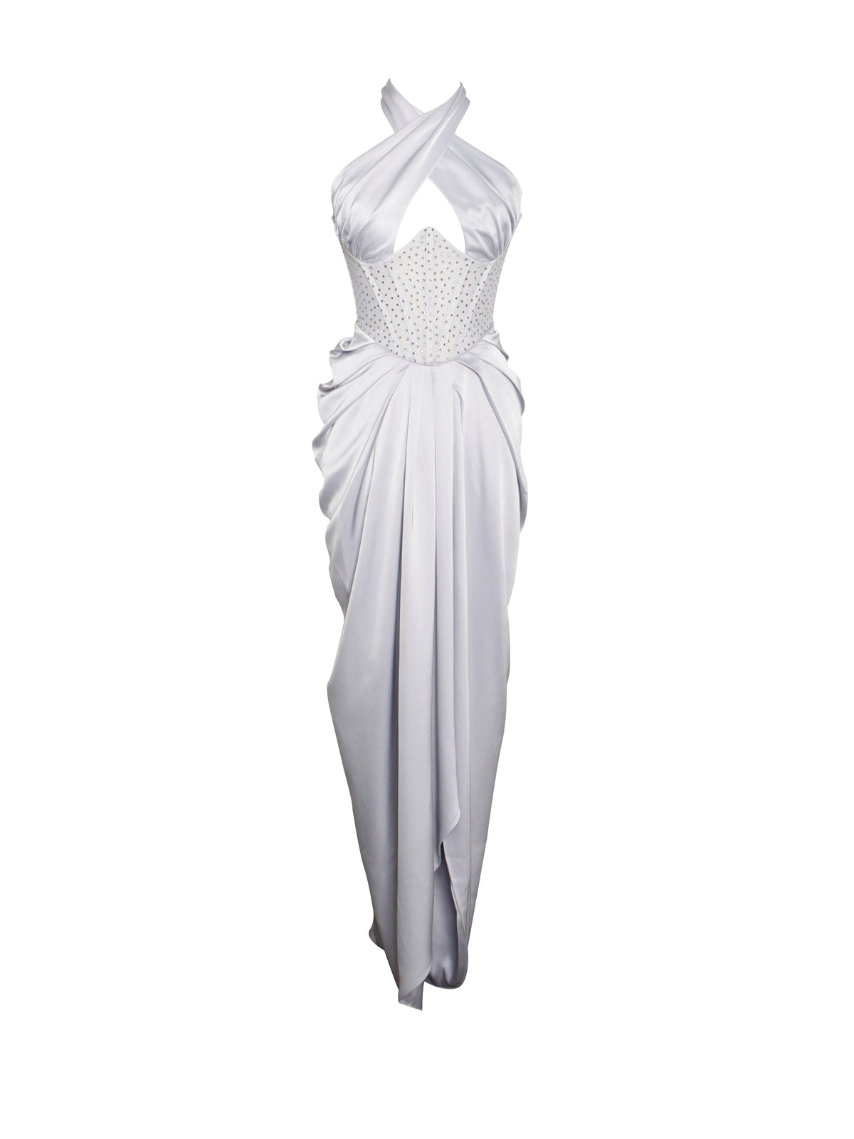 Noemie Silver Crystal Corset Satin Gown (Archive Sale)