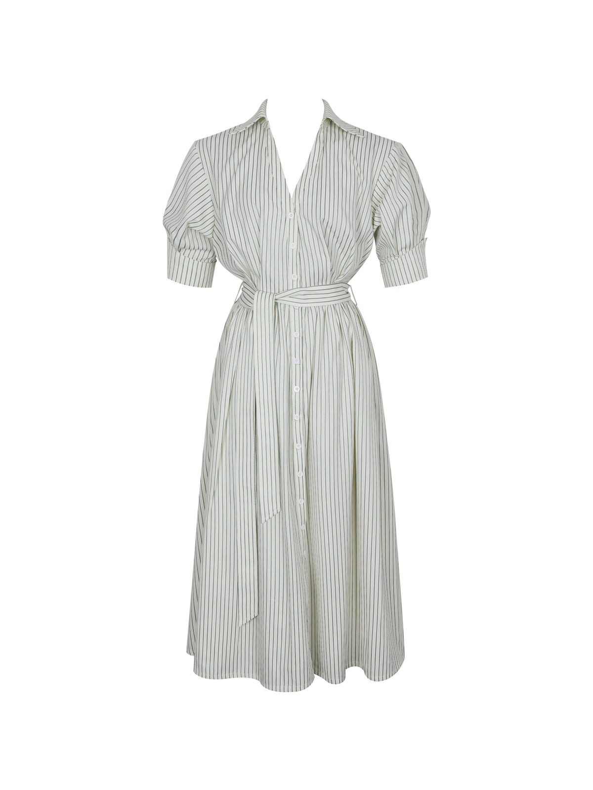 Danica Pine Green Bamboo Poplin Striped Shirt Midi Dress