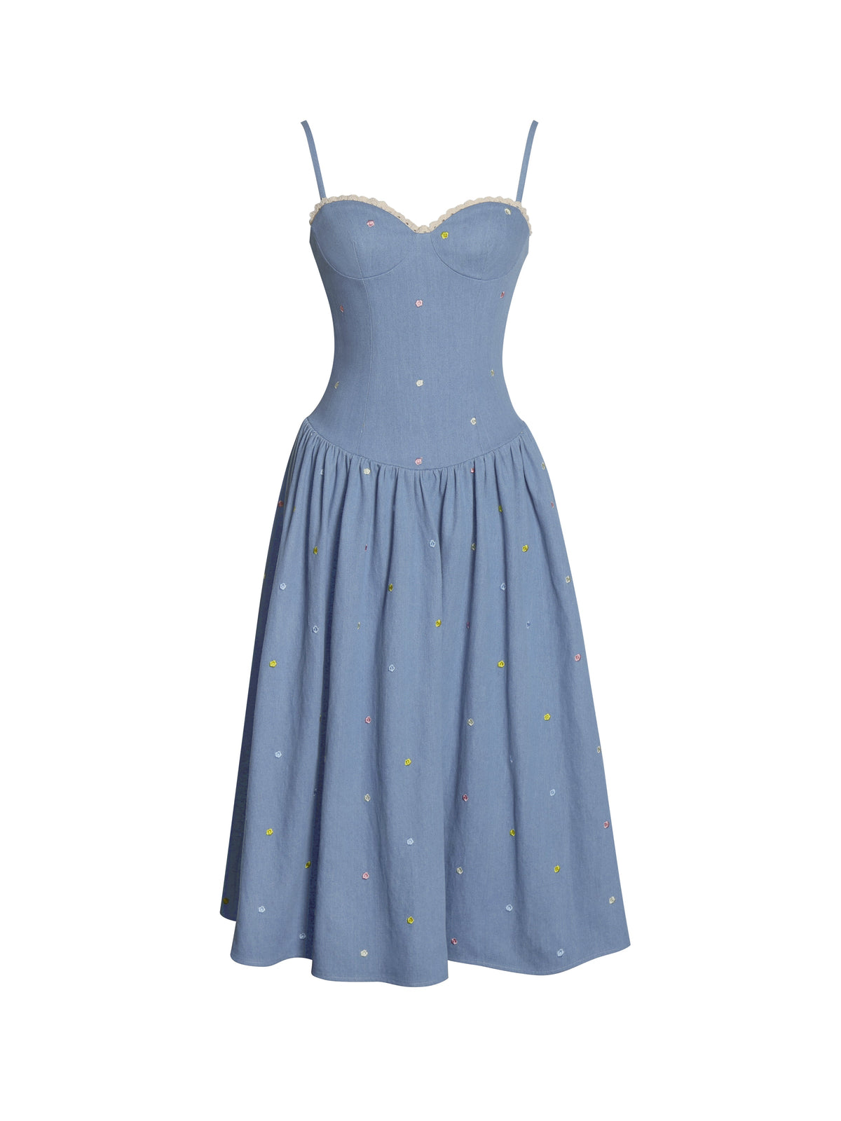 Zadie Cotton Denim Drop Waist Embroidery Flower Midi Dress (Archive Sale)