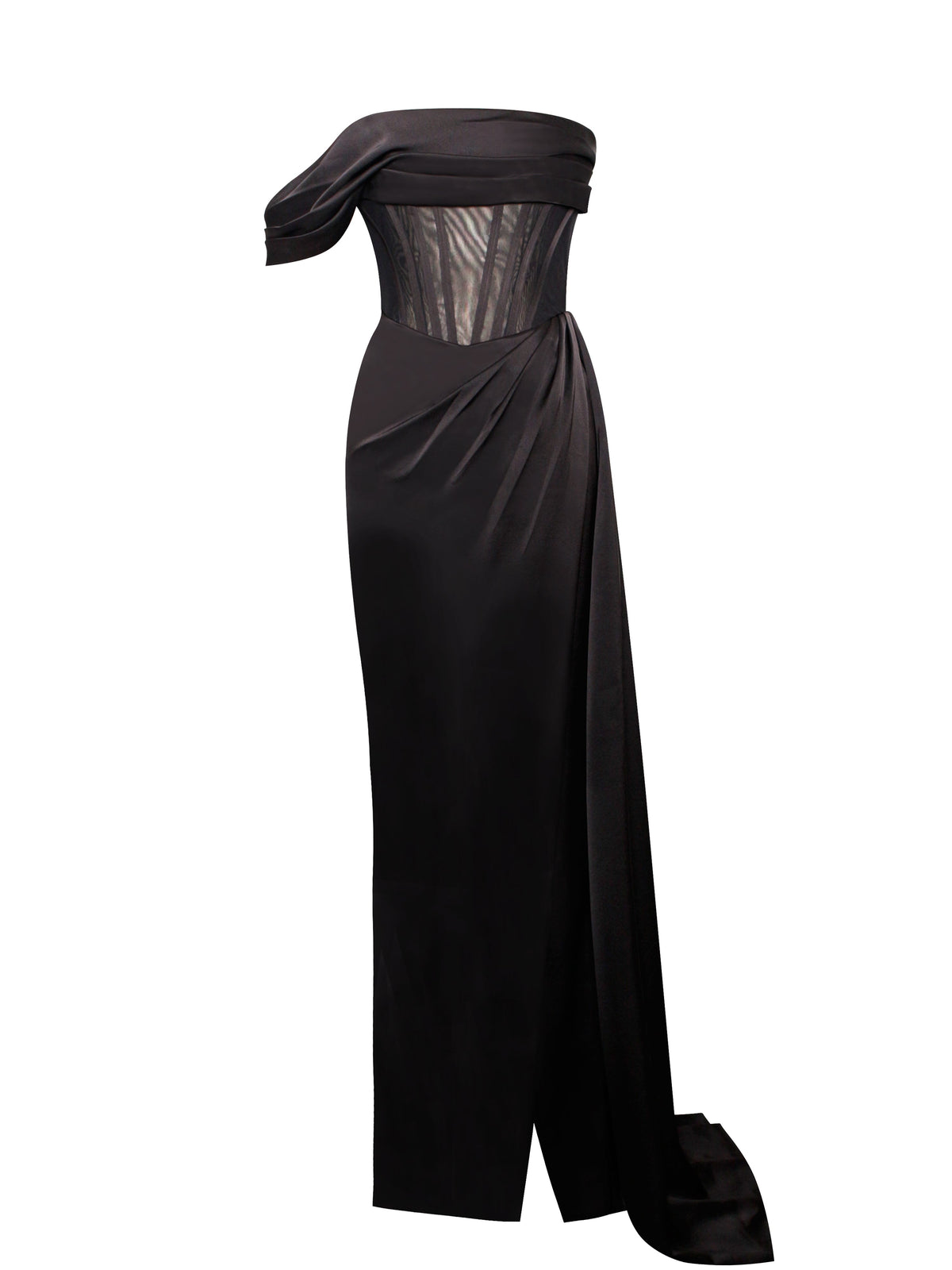 Rebeca Black Satin High Slit Corset Gown (Archive Sale)