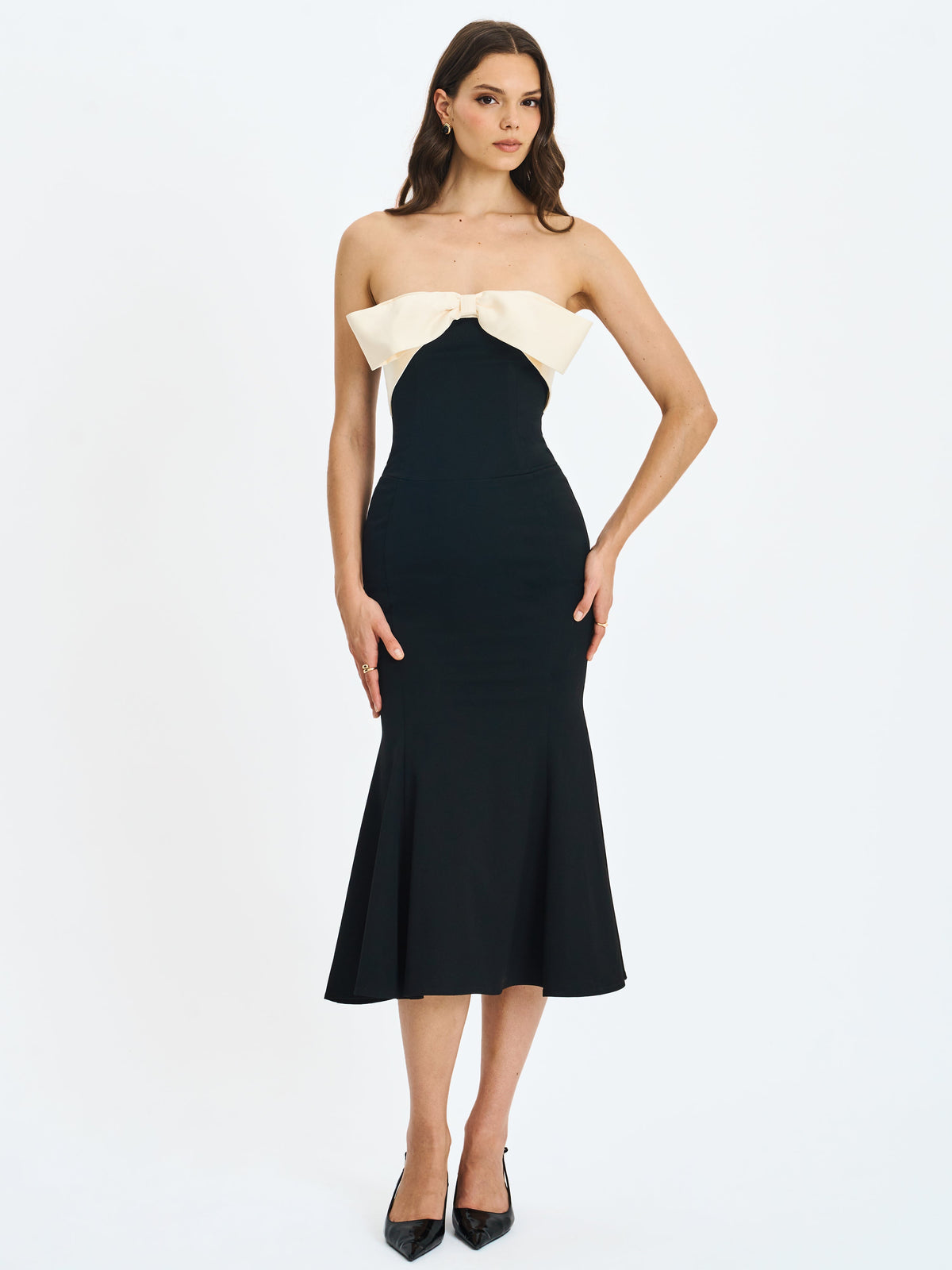 Saige Black Mermaid Midi Dress with Ivory Bow Bustline
