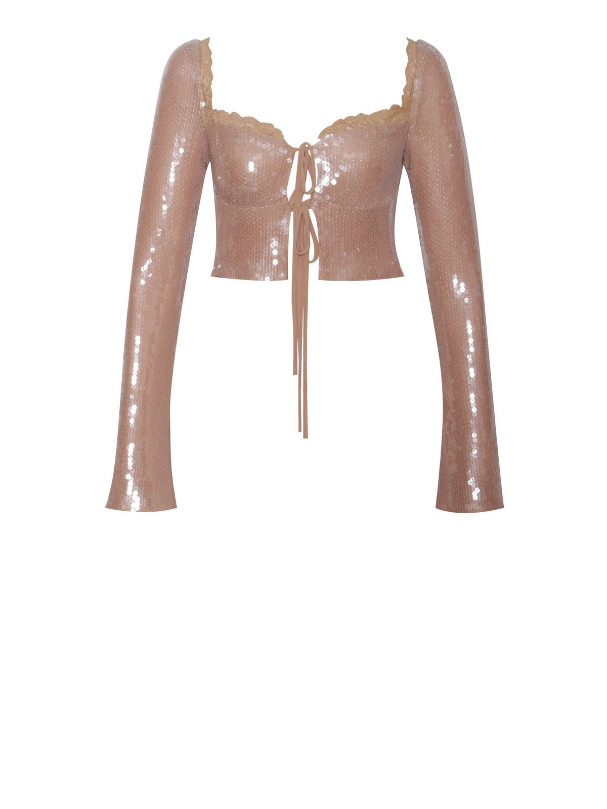 Ollie Nude Sequin Lace Up Top With Lace Trim (Archive Sale)