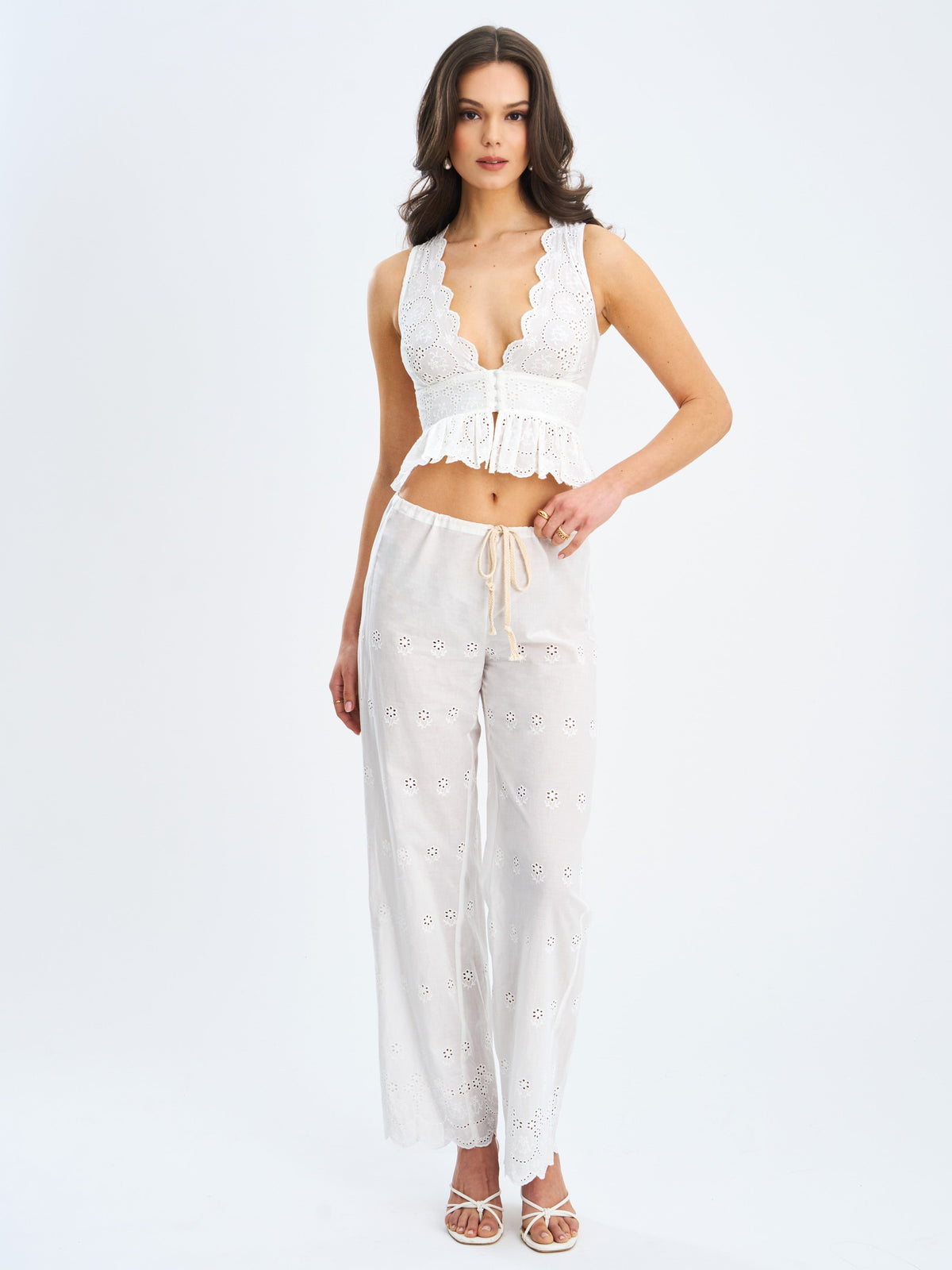 Raia White Cotton Eyelet Scallop Trim Top