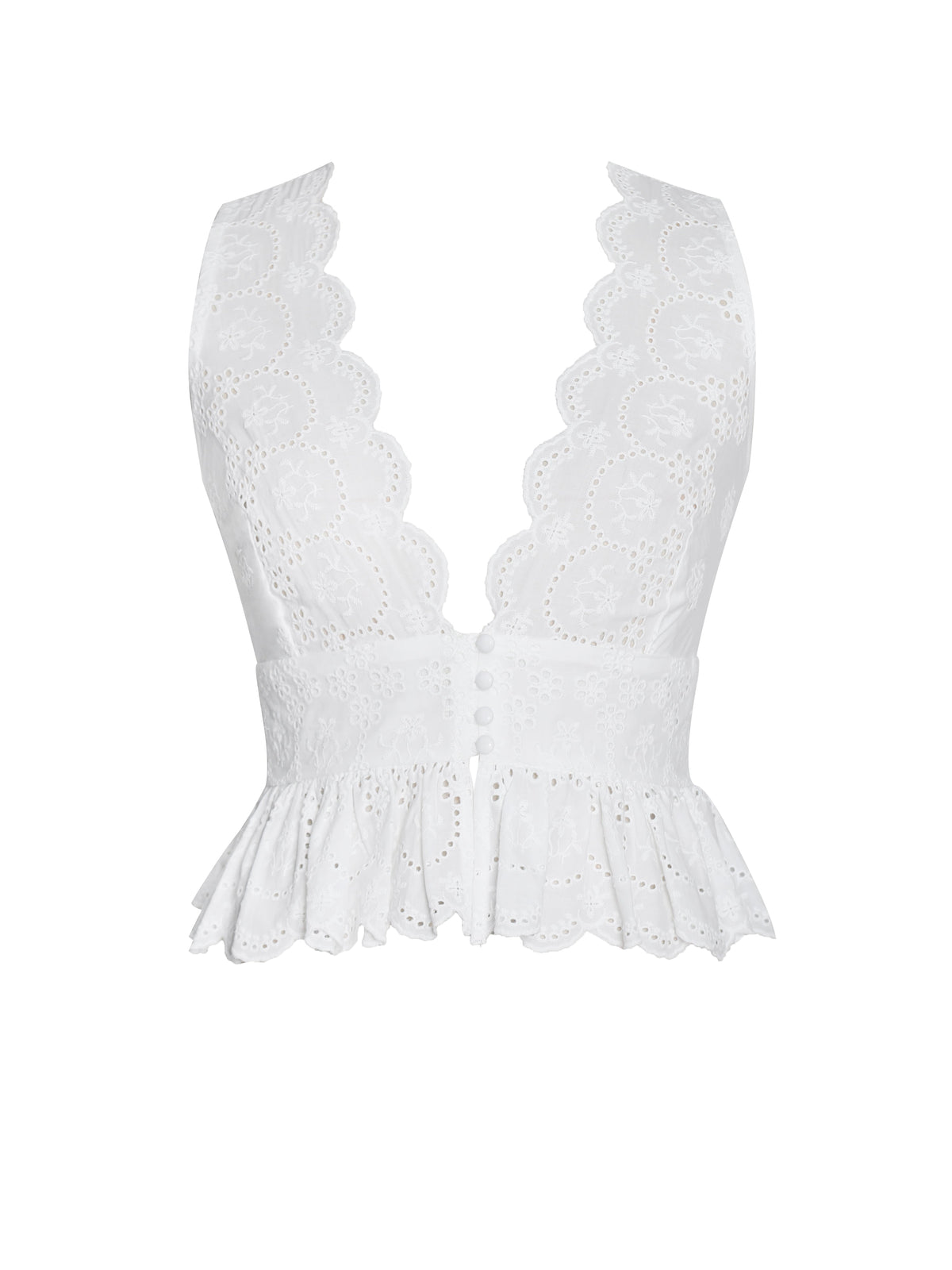 Raia White Cotton Eyelet Scallop Trim Top