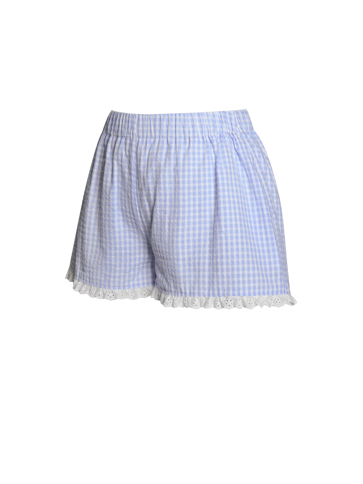 Qutayla Baby Blue Gingham Cotton Lace Trim Shorts