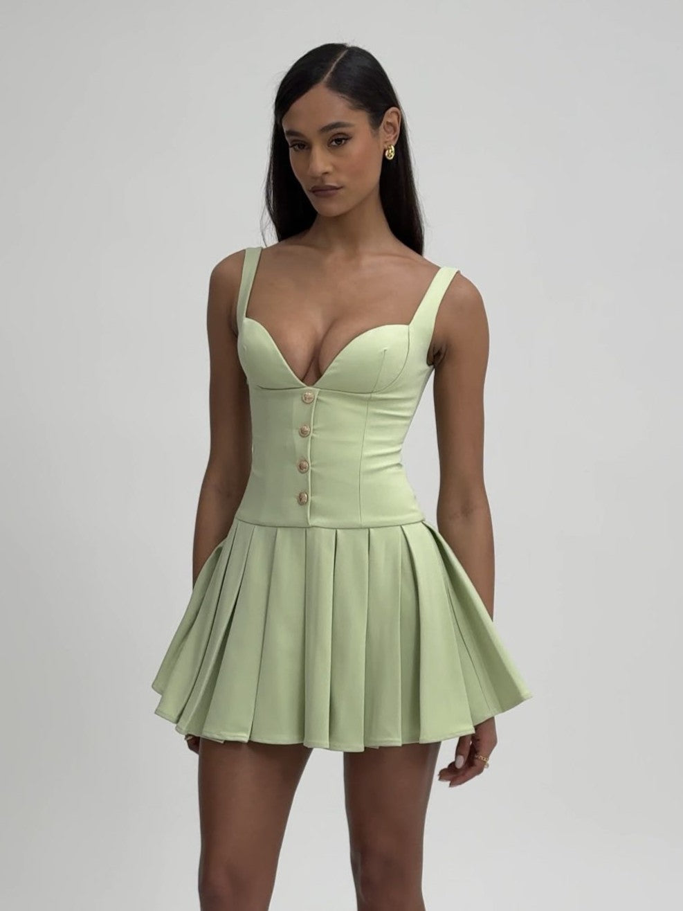 Tala Pistachio Green Sleeveless Pleated Preppy Mini Dress (Archive Sale)