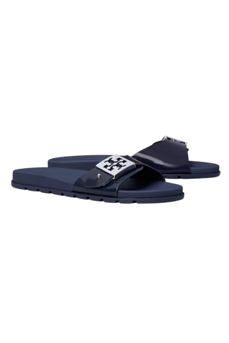 Tory Burch Buckle Slide Slippers New Navy/Silver 157872400