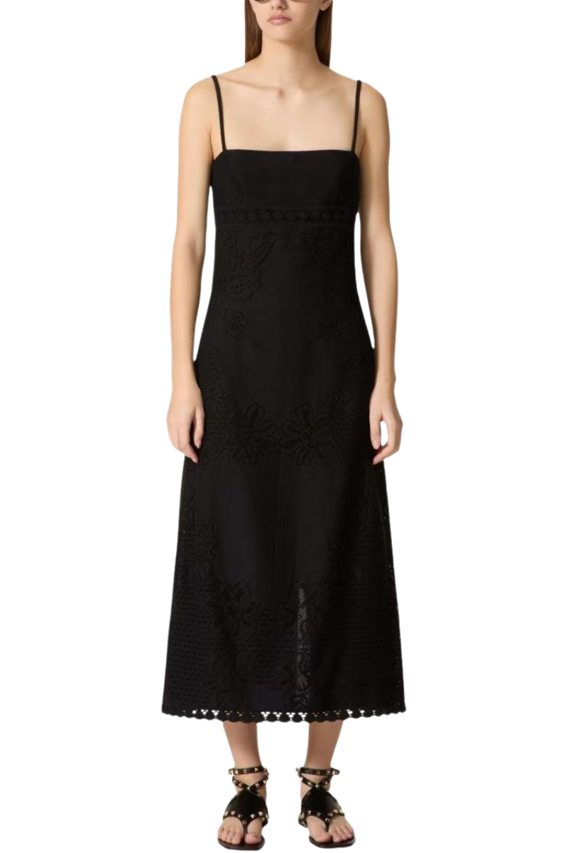 Valentino Solid Color Floral Pattern Square Neck Slip Dress Nero 4B3VA7P08GR_0NO