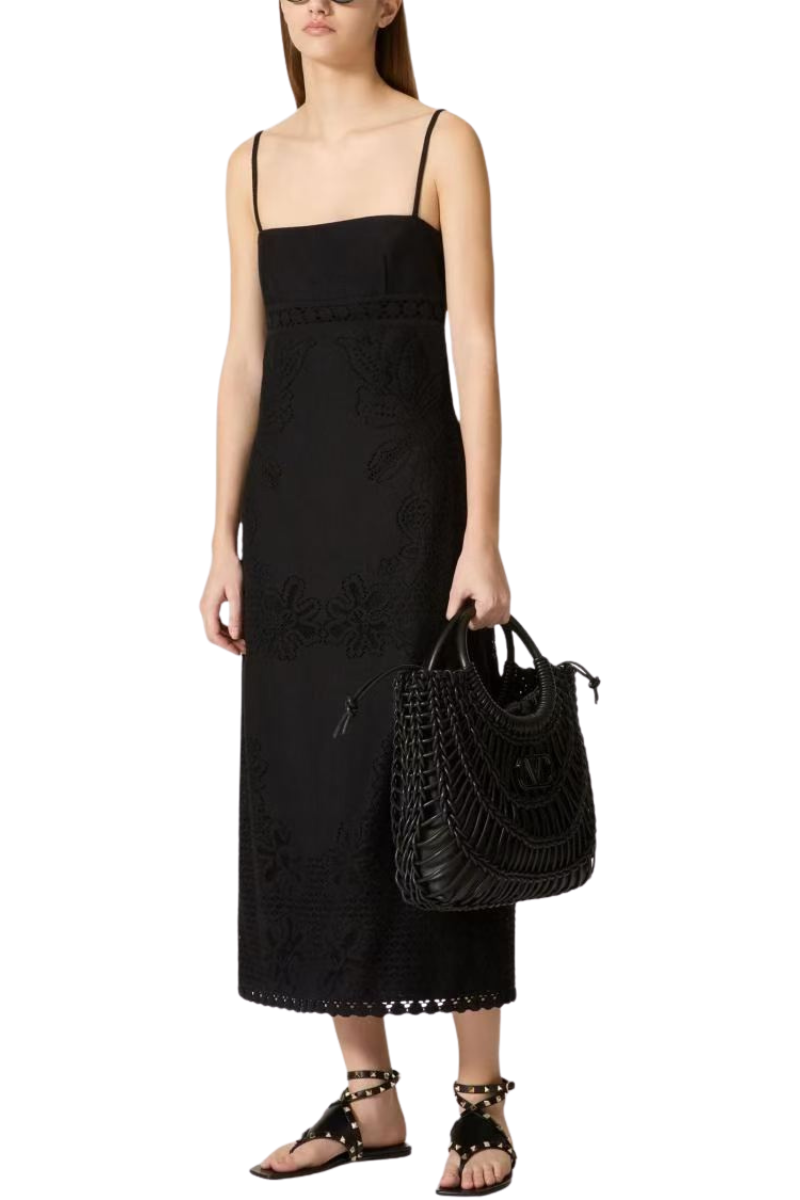 Valentino Solid Color Floral Pattern Square Neck Slip Dress Nero 4B3VA7P08GR_0NO