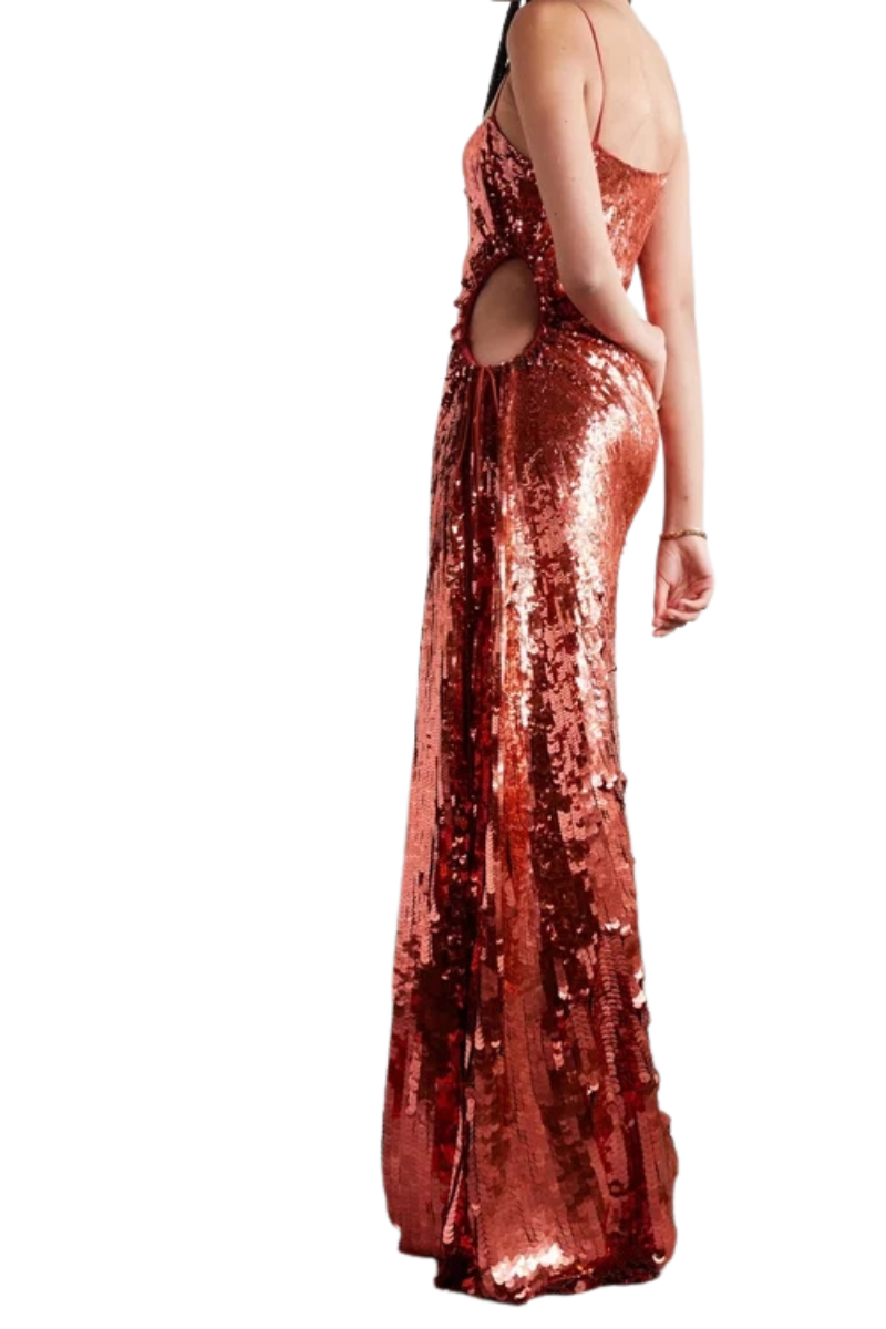 Valentino Garavani Ruched Cutout Sequined Silk Long Dress Brick XB0VDDD52UP_H46