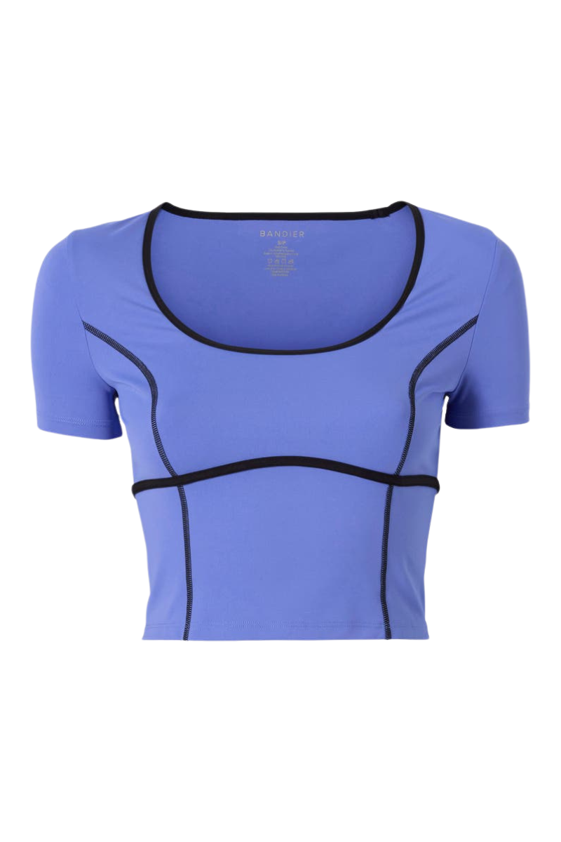 Bandier Crop Contrast Seam Short Sleeve Baja Blue/Black BND10164
