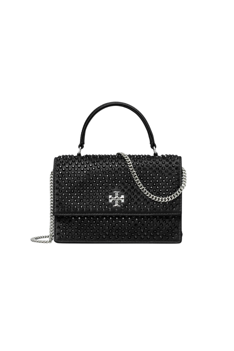 Tory Burch Kira Satin Hot Fix Mini Top Handle Chain Wallet Black 169787-001