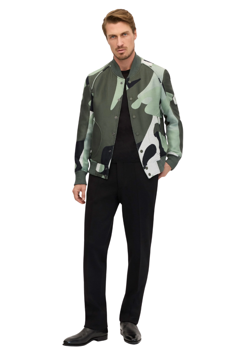 Frere Sage Multi Color Snap Bomber w/ Baseball Collar Camo Jacquard Jacket