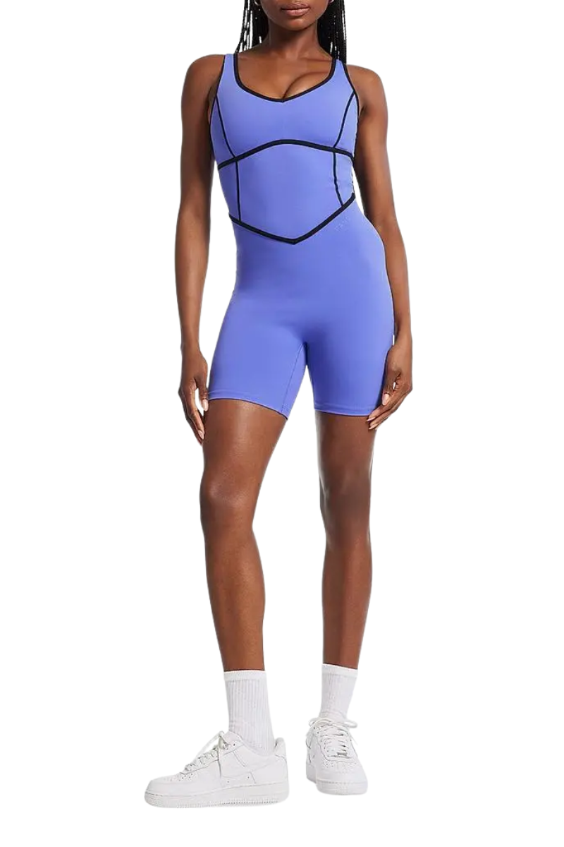 Bandier V-Neck Tempo Contrast Seam Playsuit Baja Blue/Black BND10165