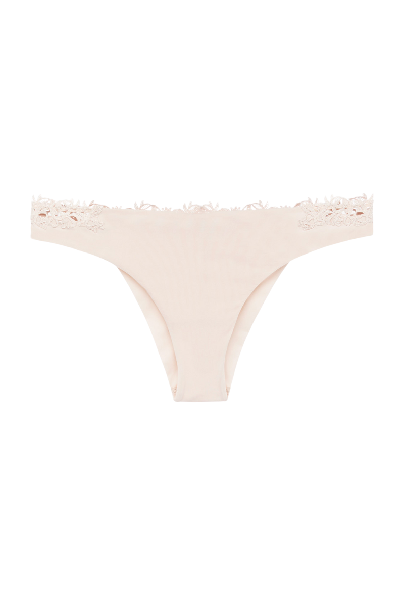 La perla Brazilian brief in rose beige Lycra with macrame