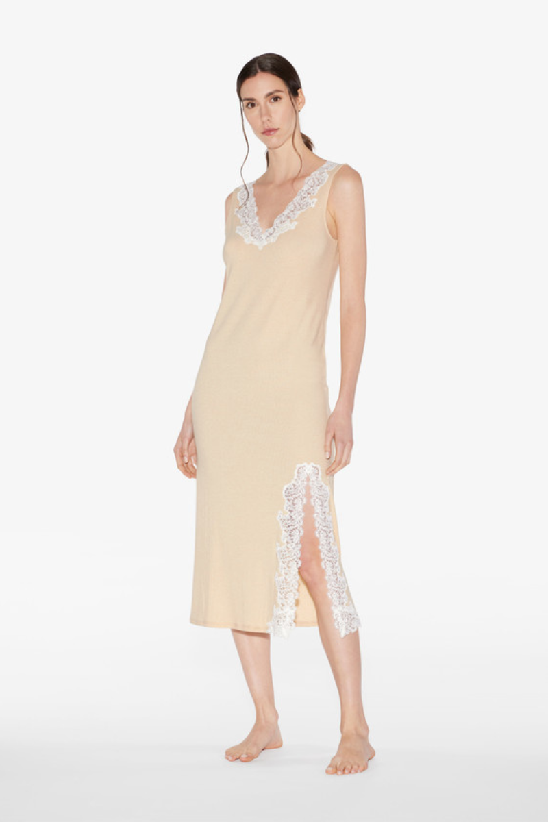 La Perla Angel Kiss Long Cashmere Blend Ribbed Nightgown In Halo With Frastaglio