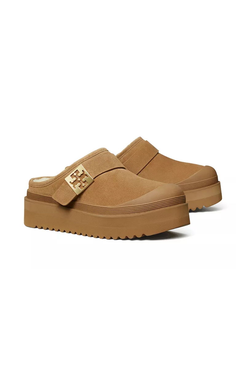 Tory Burch Mellow Shearling Platform Clogs in Chestnut Suede