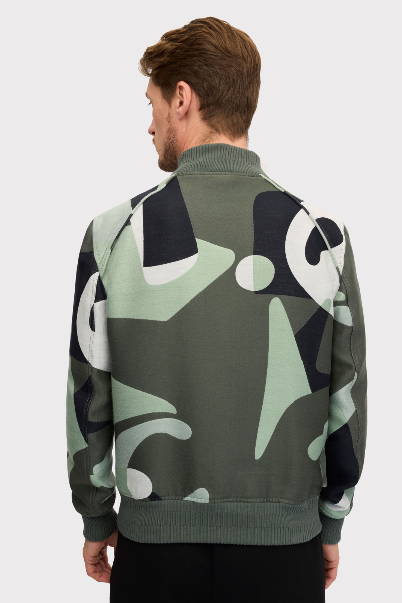 Frere Sage Multi Color Snap Bomber w/ Baseball Collar Camo Jacquard Jacket