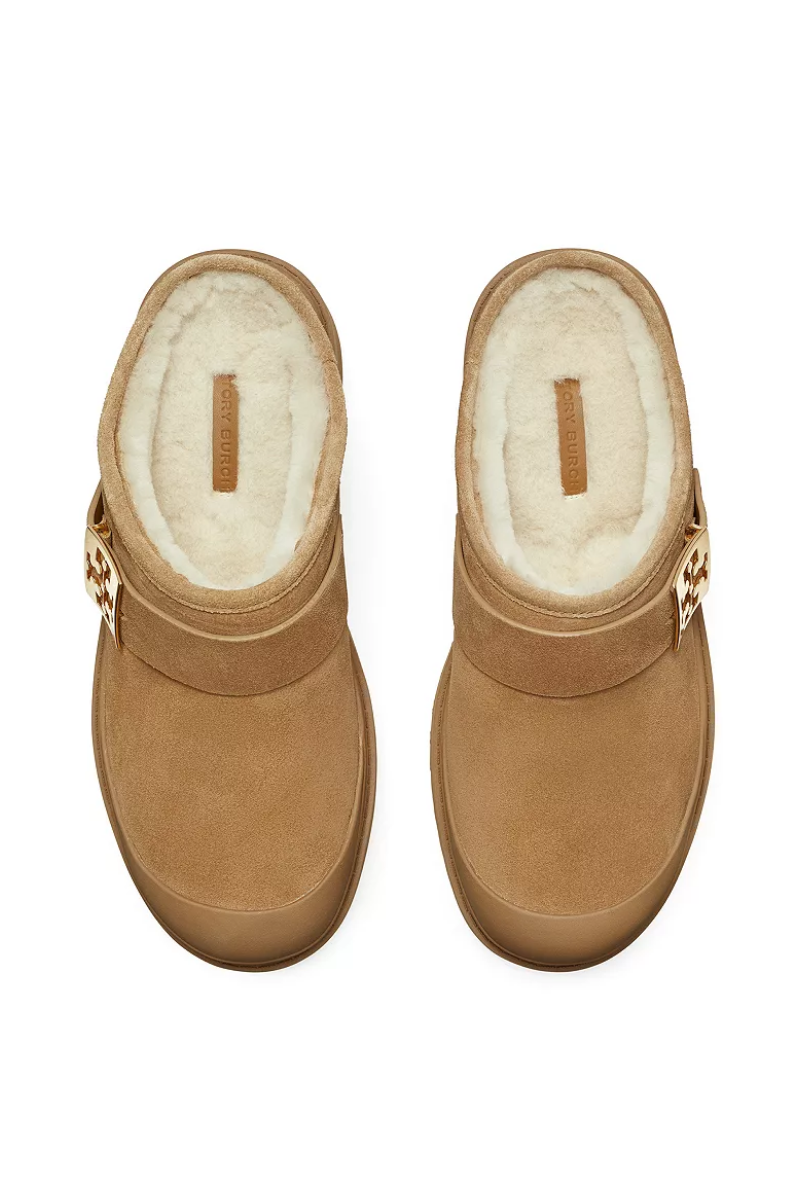 Tory Burch Mellow Shearling Platform Clogs in Chestnut Suede