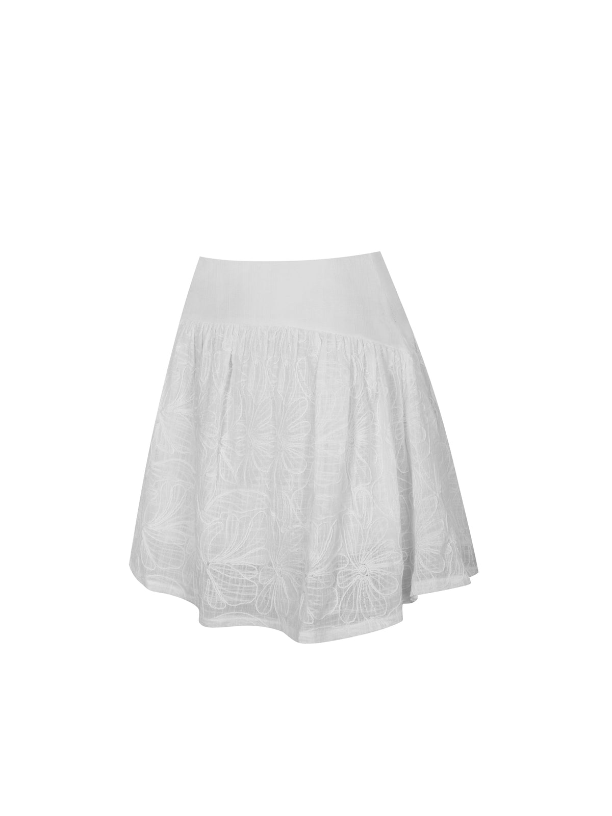 Quisha White Embroidered Cotton Gauze Gathered A-Line Mini Skirt