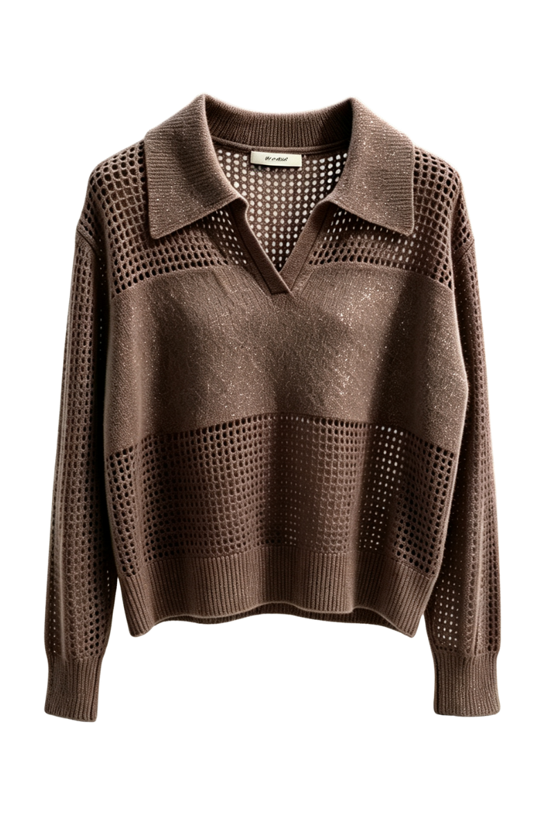 Max Simple Lurex-Openwork Polo Knit Brown MSYY265099B