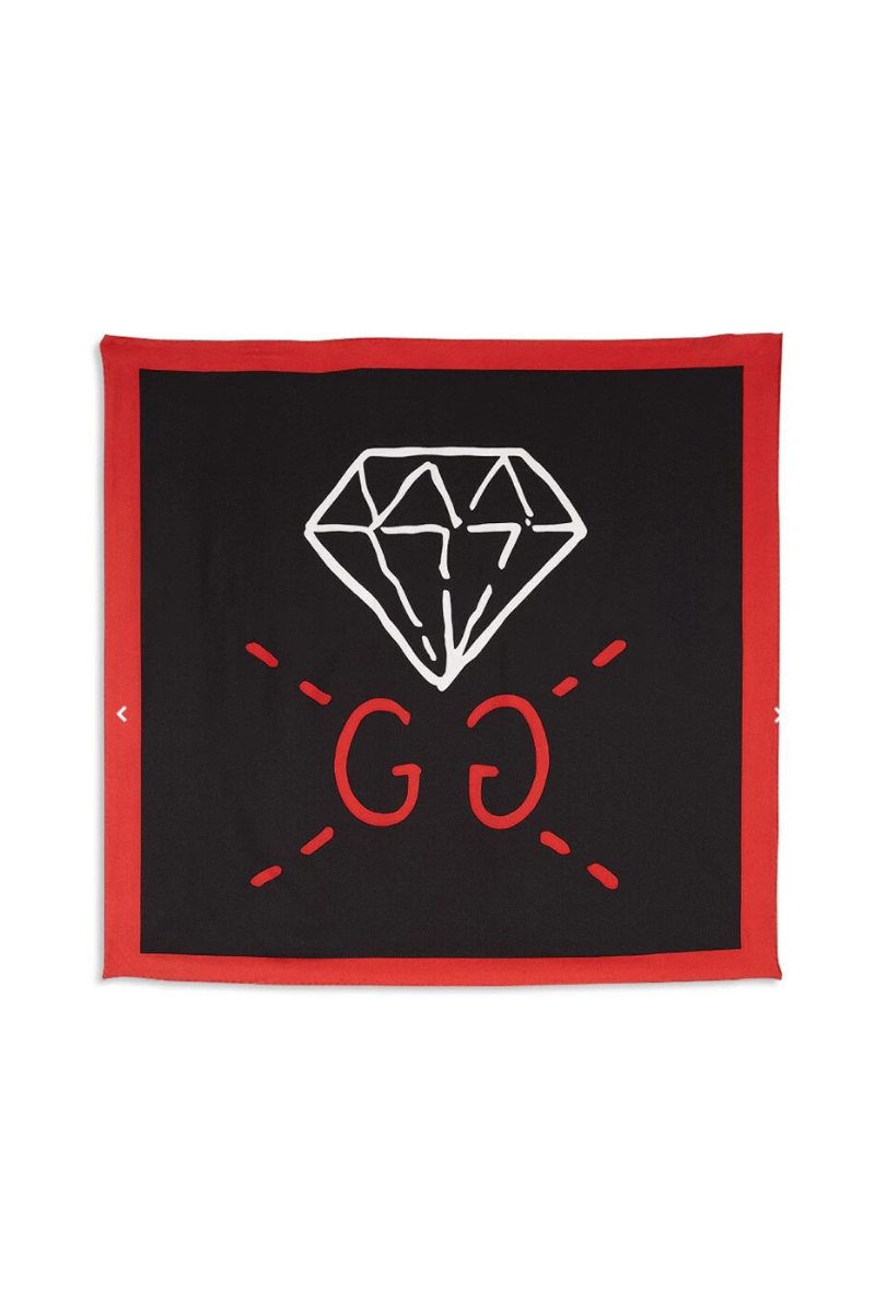 Gucci Black & Red GG GUCCI GHOST Diamond Print Square Silk Twill Scarf