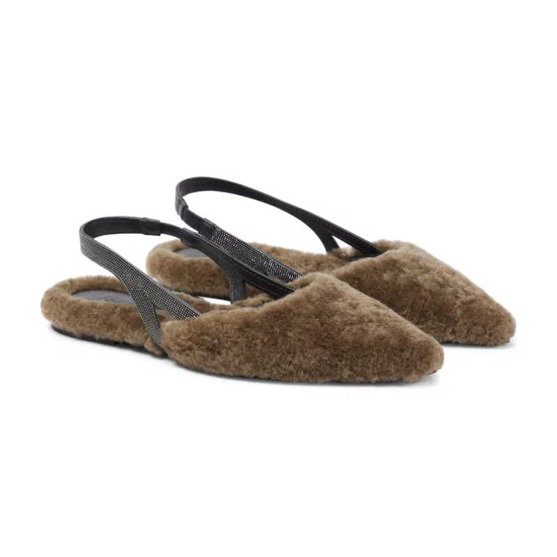 Brunello Cucinelli Embellished Shearling Slingback Flats