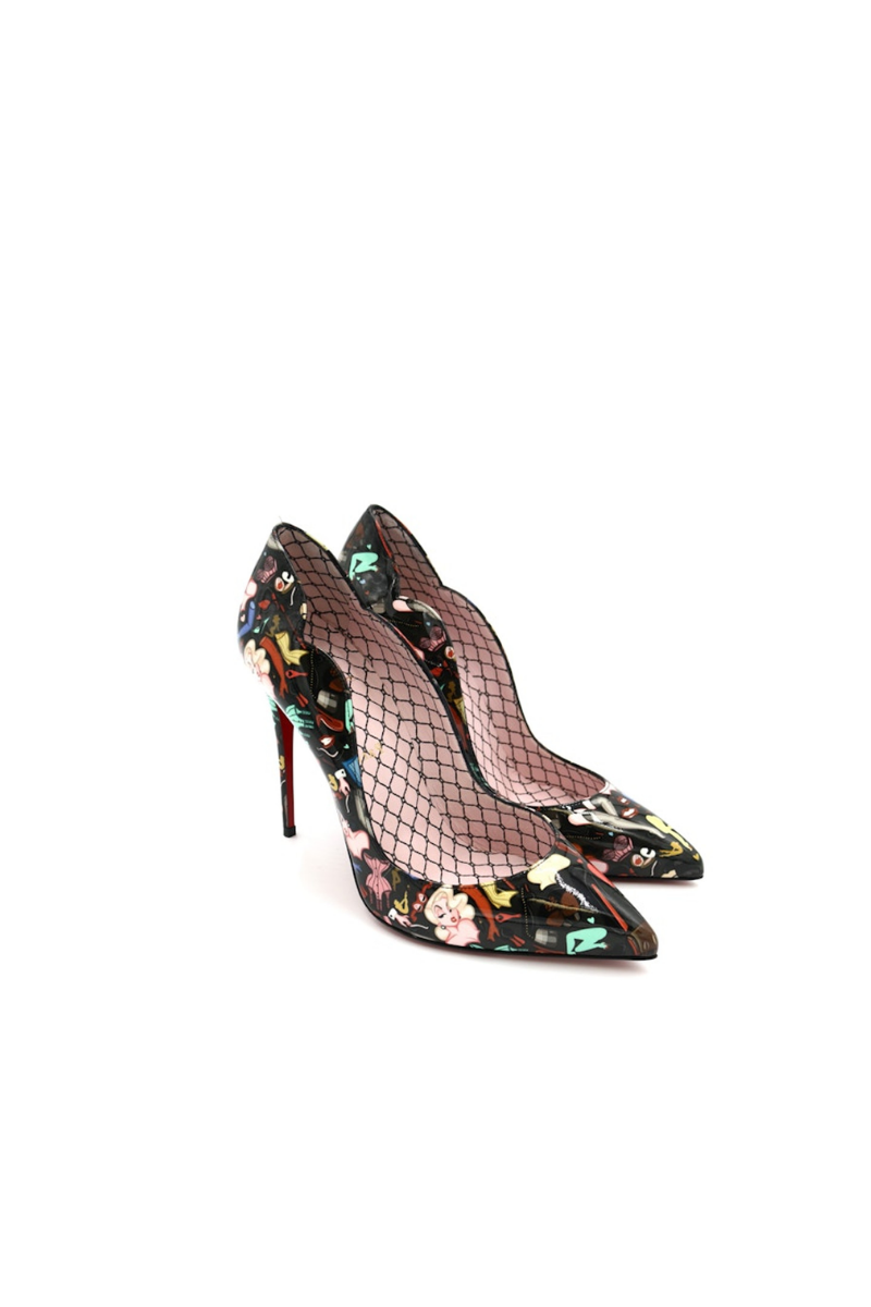 Christian Louboutin Patent Bored Lin Resille Hot Chick 100 Pumps Black Multicolor