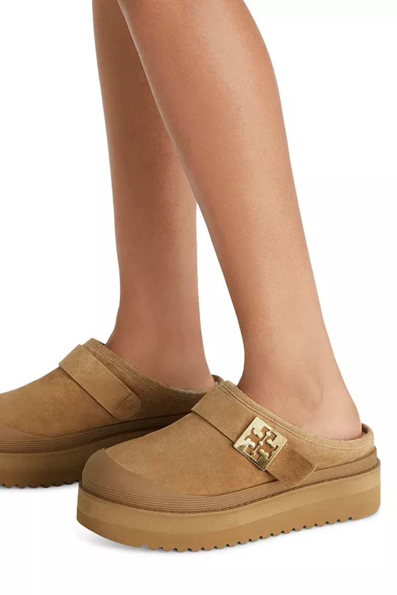 Tory Burch Mellow Shearling Platform Clogs in Chestnut Suede