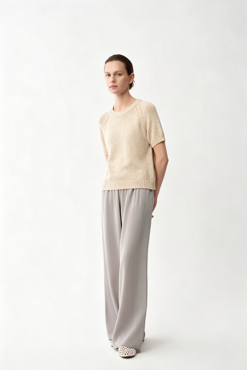 Max Simple Slub Cotton Short-Sleeve Top Beige MSSN264311B