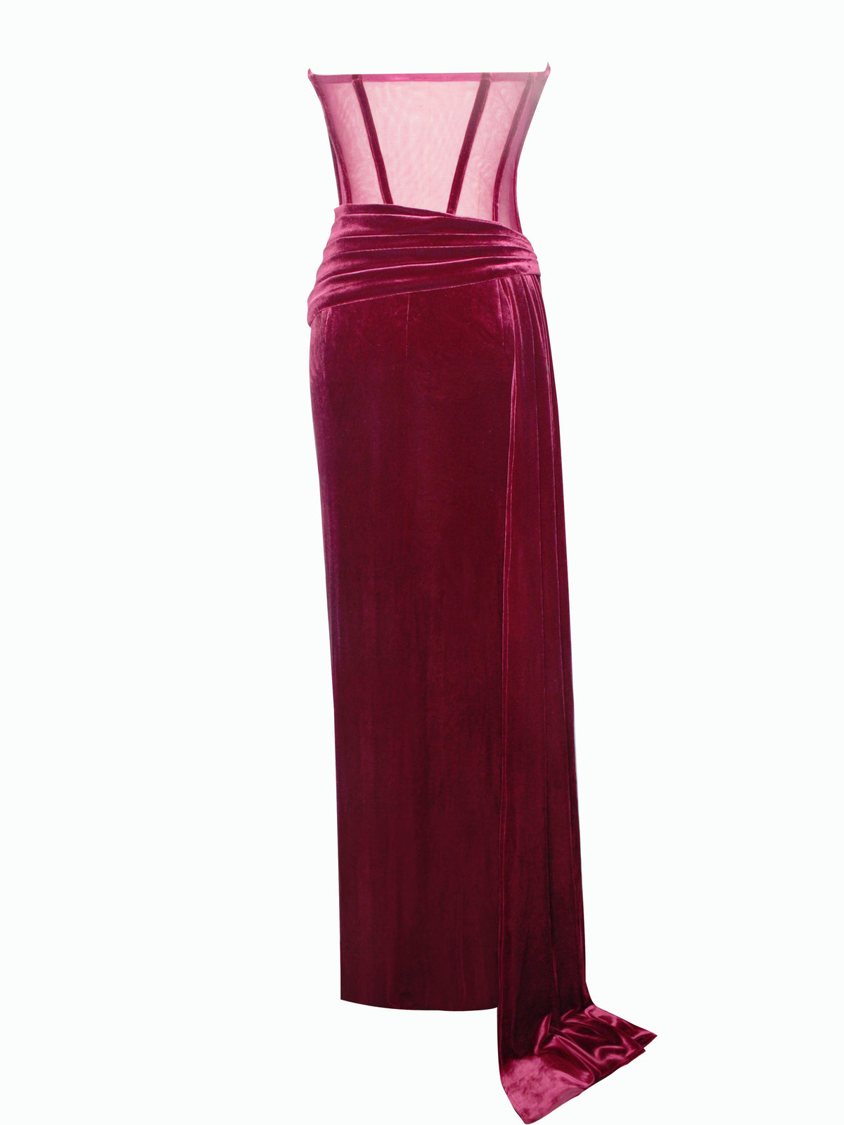 Octavia Burgundy Draping Crystal Corset High Slit Velvet Gown (Archive Sale)