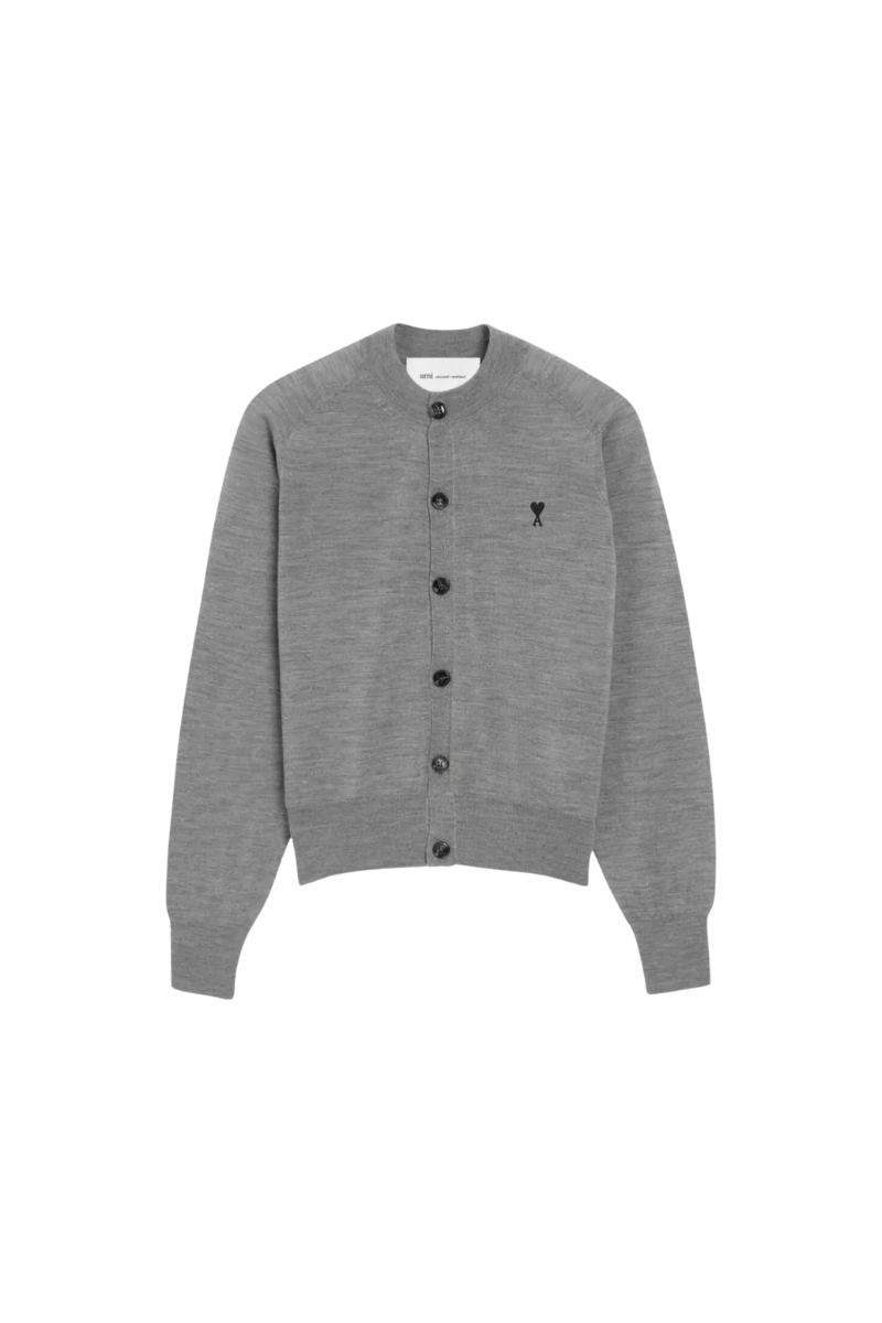 Ami Paris Merino Wool Crewneck Cardigan-Heather Grey