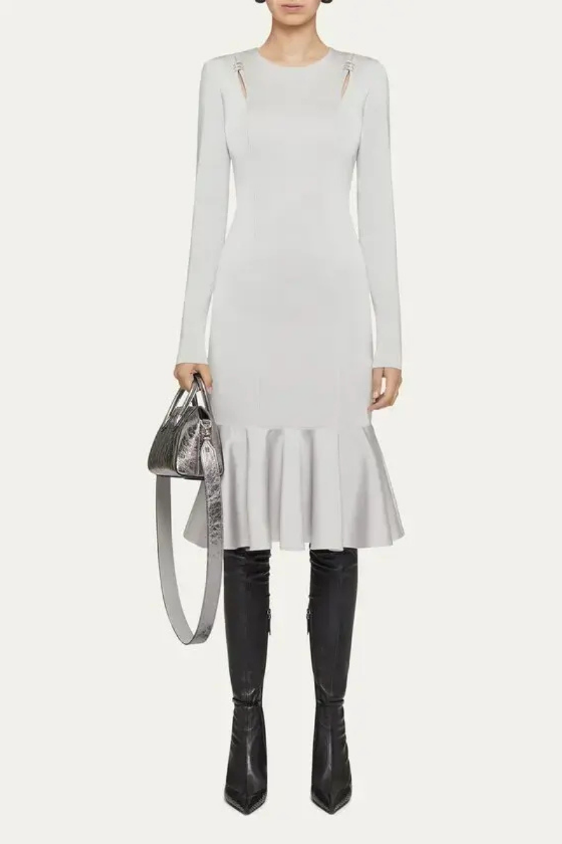 Givenchy Long Sleeves Flare Dress_Pearl Grey